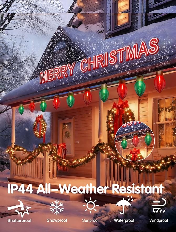 16FT Jumbo Red and Greeen Christmas Lights,Outdoor Giant Christmas Decorations Lights with 10 LED Clear Red and Greeen Bulbs for Tree Holiday Home Roof Yard Garden Decorations