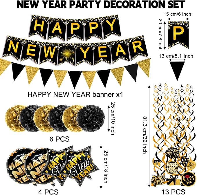 Famoby Happy New Year Paper Banner Triangle Flag Bunting Pom poms Swirls Streamers & Balloons for New year Party Decoration