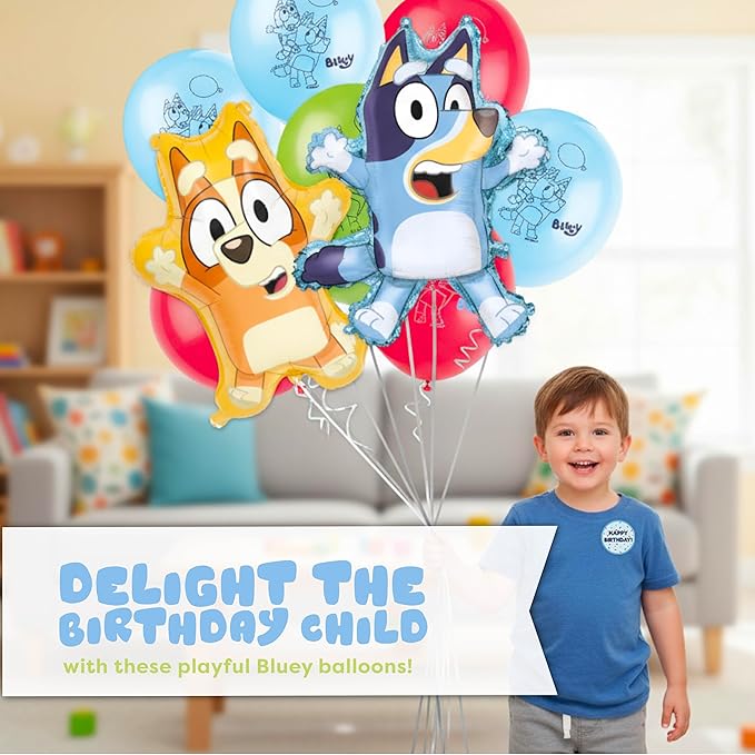 Bingo and Bluey Balloons | 10 Pack | Large 28" Bluey Balloon and 25" Bingo Balloon with 8 Latex Balloons | Sticker | Birthday Decorations and Party Supplies | Officially Licensed