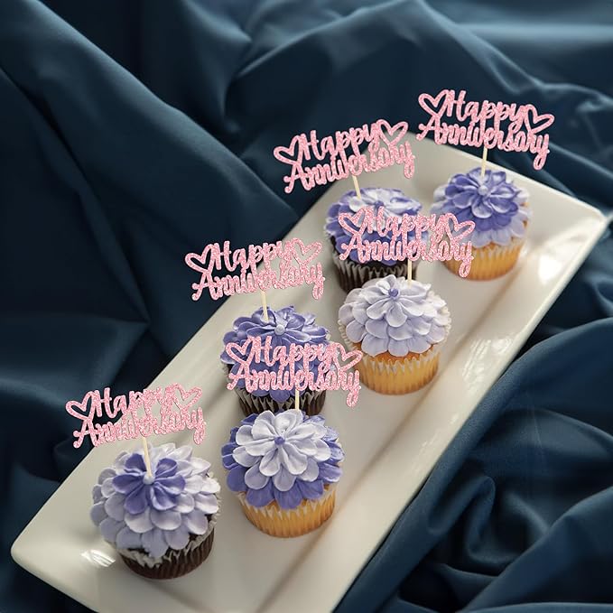 Gyufise 24Pcs Glitter Happy Anniversary Cupcake Toppers Anniversary Party Supplies Cake Decoration Wedding Celebration Party Decoration Supplies Pink