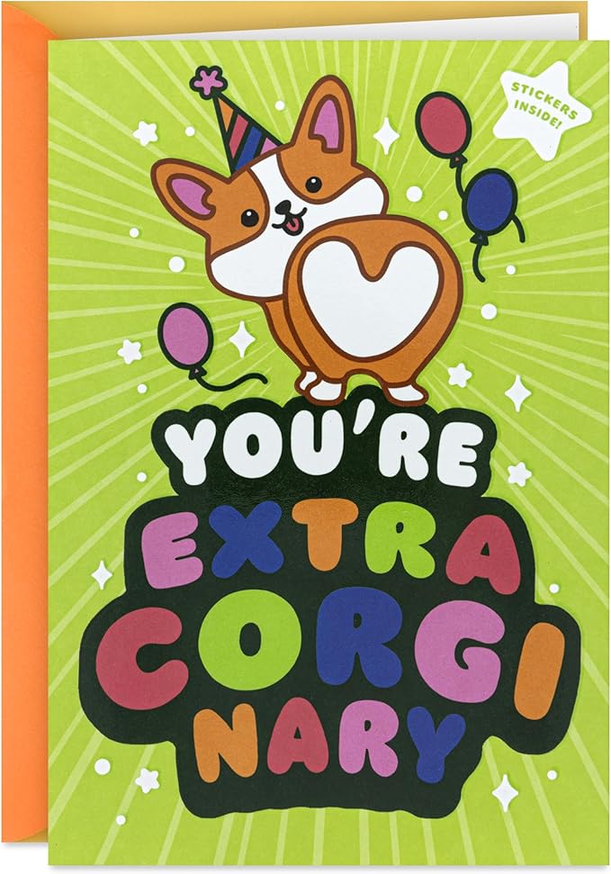 Hallmark Kids Birthday Card with Stickers (You’re Extra-Corgi-Nary) for Son, Daughter, Grandchild