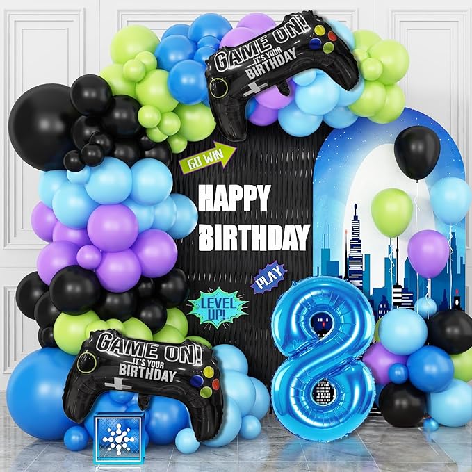 8th Birthday Video Game Balloons Arch Kit, 108pcs Blue, Black, Light Olive Green, Purple Balloons, Video Game Themed Foil Balloons, Boys Birthday Decor