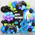 8th Birthday Video Game Balloons Arch Kit, 108pcs Blue, Black, Light Olive Green, Purple Balloons, Video Game Themed Foil Balloons, Boys Birthday Decor
