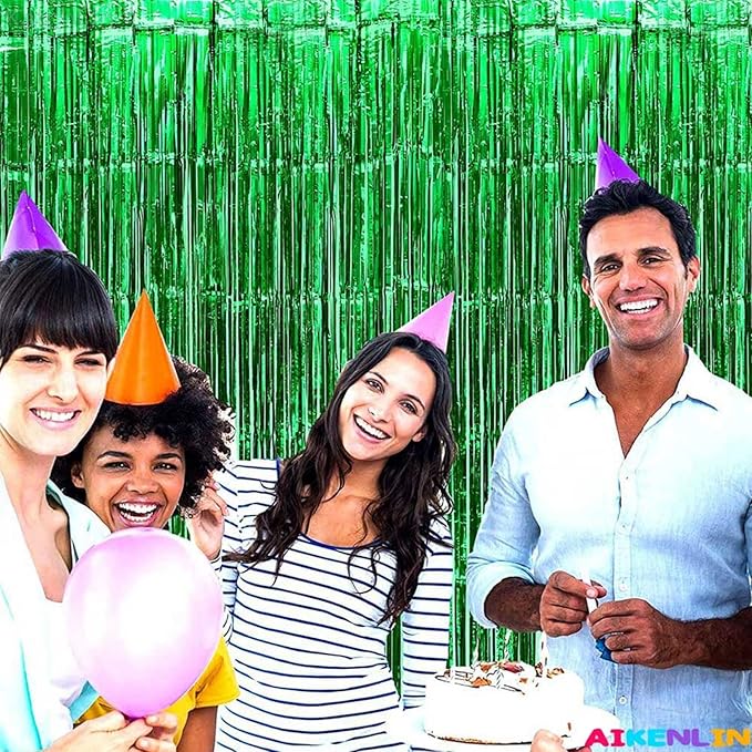 4 Pack 3.3Ft x 6.6Ft Green Foil Fringe Curtain Backdrop, Metallic Tinsel Foil Fringe Streamers Curtains Background for Photo Booth, Birthday, Wedding, Halloween, Christmas Party Decoration