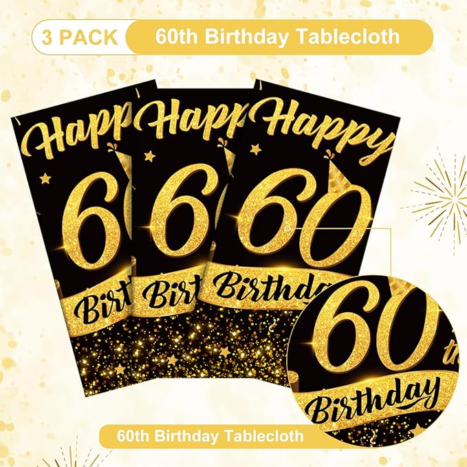 3 Pack 60th Birthday Plastic Tablecloth, 54x108 Inch Black Gold Disposable Rectangle Table Cover Waterproof Table Cloth for Birthday 60 Anniversary Party Supplies