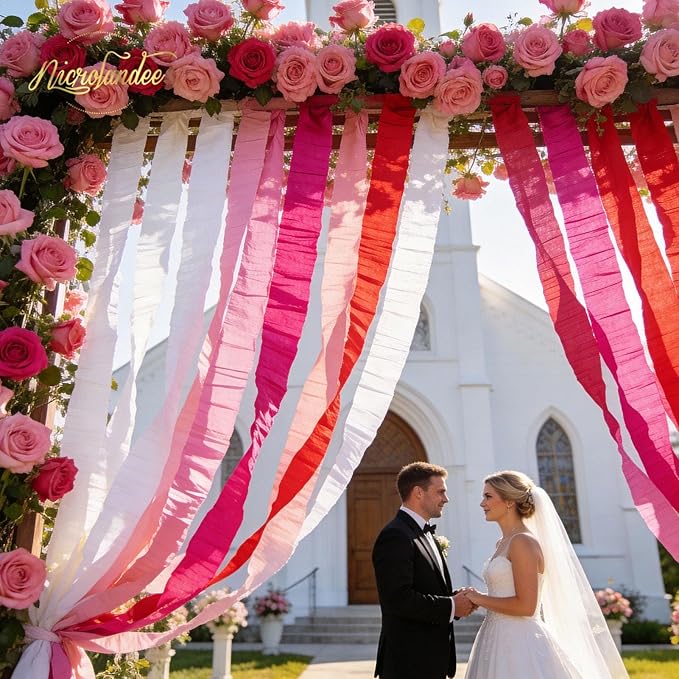 NICROLANDEE 5 Rolls Pink Red White Crepe Paper Streamers for Wedding, Birthday, Valentine's Day Decorations, Bachelorette, Bridal Baby Shower, Backdrop or Photo Booth