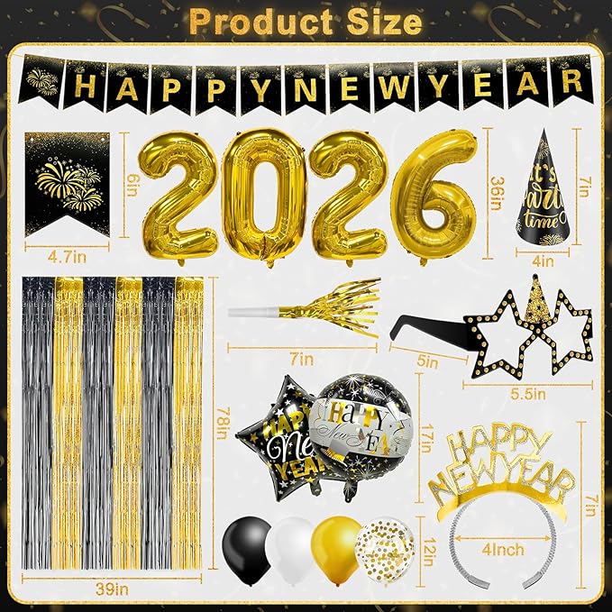 81 Pcs New Years Eve Party Supplies Happy New Year Decorations Kit Serves 12 Includes 36" Large 2026 Foil Ballons, Black Gold Curtains Banner Hats Headbands Glasses Noisemaker Balloons Party Favor