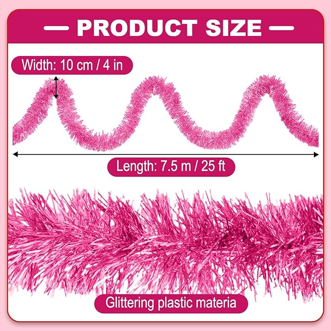 25 Feet Christmas Tinsel Garland, Metallic Twist Garland Wall Hanging Tinsel Garland Backdrop for Parade Floats, Carnival, Birthday, Wedding, New Year Party Decorations (Pink, 4in x 25ft)