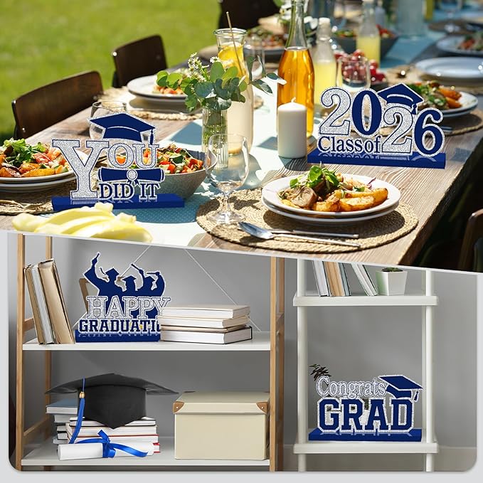 4Pcs Graduation Decorations Class of 2026 Wood Table Centerpieces Congrats Grad Wooden Sign Graduation Table Toppers Congratulate Tiered Tray Decor for 2026 Graduation Party(Navy Blue-Silver)
