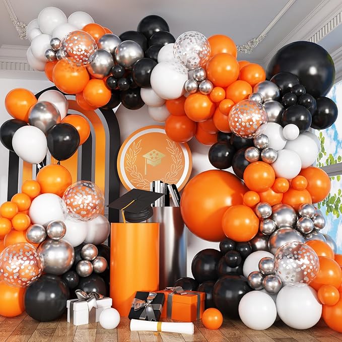 Orange and Black Balloon Arch Kit, 113pcs Black White Orange Confetti Latex Balloon Garland Set with Spike Star for Birthday Graduation Halloween Celebration Trick or Treat Party Party Decoration