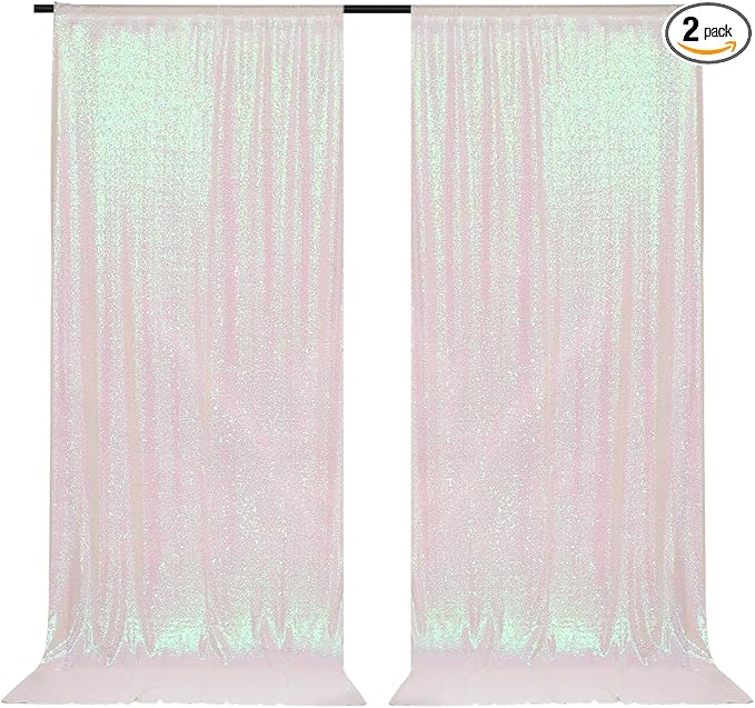 PartyDelight Iridescent White Sequin Backdrop 5x10ft 2 Panels - High Density 3mm Shimmer Sequin Background with 4-Inch Rod Pocket, Sparkly Photography Curtain for Wedding, Stage & Event Decor