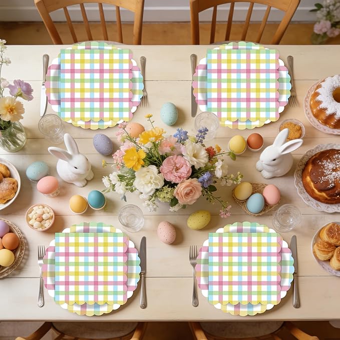 50PCS Easter Gingham Party Supplies - 7Inch Colorful Buffalo Plaid Scalloped Paper Plates and Napkins Set Disposable Dinner Cutlery for Easter Baby Shower Birthday Party, Serve 25