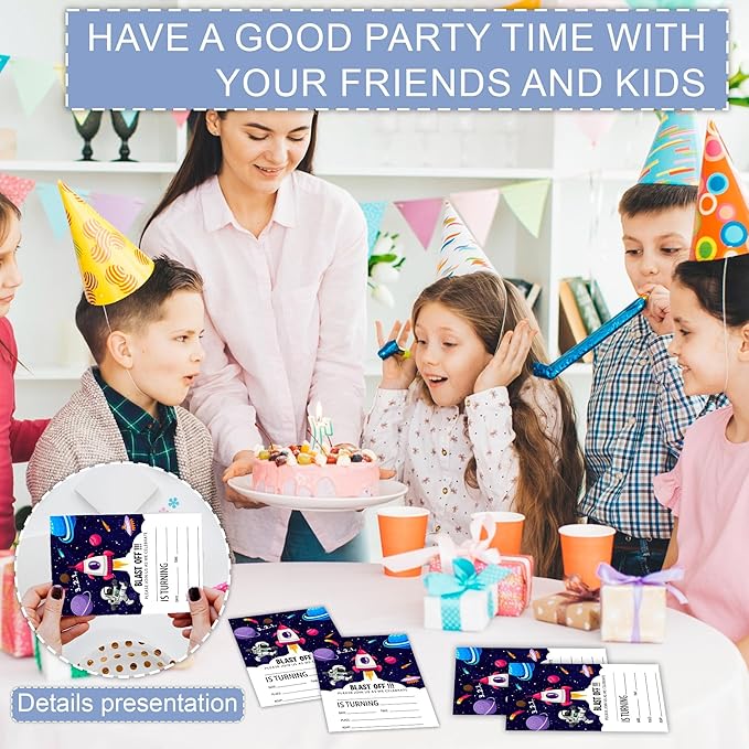 Outer Space Birthday Party Invitations, Planets Rocket Ship Astronaut Invitation Cards with Envelopes, Fits for Boys Girls Teen, Set of 20 Double Sided Printed & Fill In Blank-4 x 6, Party Supplies