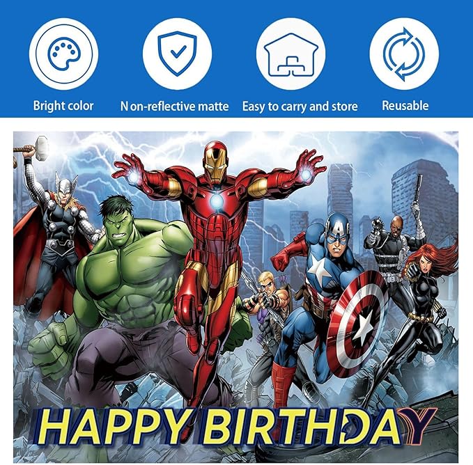 Avengers Birthday Banner, Party Decorations Background for Children - Happy Birthday Banner Party Supplies - Indoor/Outdoor Wall Decor - 5x3ft