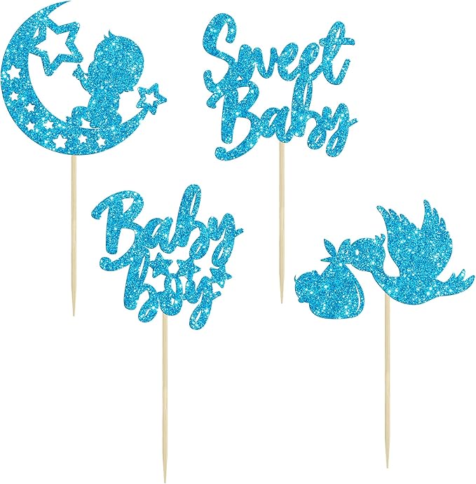 24Pcs Sweet Baby Boy Cupcake Toppers Blue Glitter Moon Star Baby Shower Cupcake Picks Decorations for Gender Reveal Baby Shower Kids Boys Birthday Party Supplies