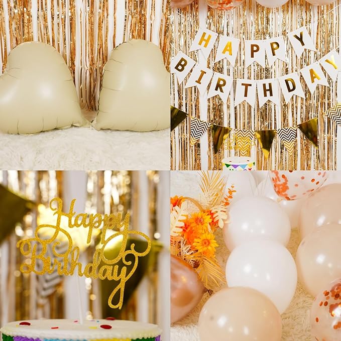 White Sand Gold Birthday Decorations,Happy Birthday Banner with Beige Cream Balloon Heart Foil Balloons Gold Fringe Curtain for Women Men Boho Baby Shower Party Decor