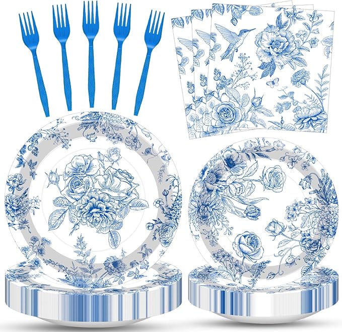 100 Pcs Blue and White Floral Tableware Party Supplies Set, Serves 25 – Disposable Elegant Flower Paper Plates, Napkins, and Plastic Forks for Wedding, Bridal Shower, Birthday, Garden Tea Decorations