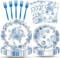 100 Pcs Blue and White Floral Tableware Party Supplies Set, Serves 25 – Disposable Elegant Flower Paper Plates, Napkins, and Plastic Forks for Wedding, Bridal Shower, Birthday, Garden Tea Decorations