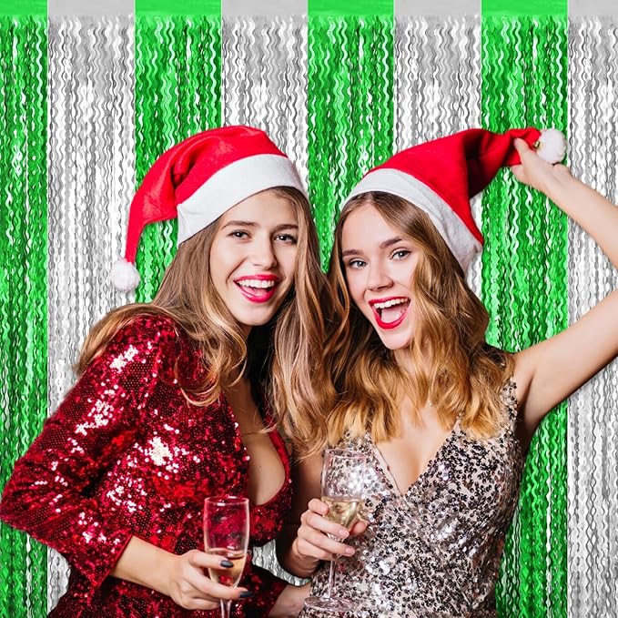 4 Pack Silver Green Wave Foil Fringe Curtain Backdrop, 3.28Ft x 8.2Ft Metallic Tinsel Foil Fringe Streamer Curtains for Photo Booth, Mother's Day, Easter, Birthday, Wedding Party Decoration