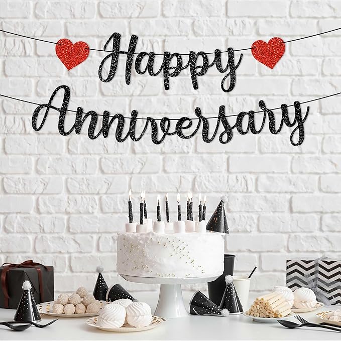 Pre-Strung Happy Anniversary Banner - No DIY - Black Glitter Wedding Anniversary Party Banner in Script - Pre-Strung Garland on 6 ft Strands - Wedding Decorations & Decor. Did We Mention No DIY