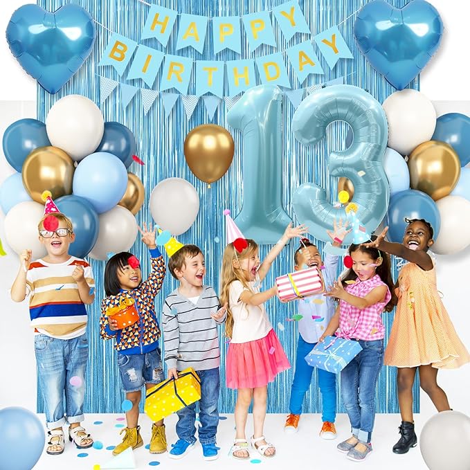 13th Birthday Decorations Blue White Gold,13th Birthday Balloons with Happy Birthday Banner Fringe Curtain Heart Foil Balloons for Boys Girls 13 Year Old Birthday Decor