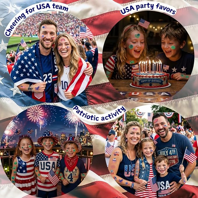 4th of July Temporary Tattoos Luminous 4th of July Decorations Favors Party Supplies Accessories American USA Independence Day Memorial Labor Day Fourth of July Red White Blue Glow in Dark Patriotic