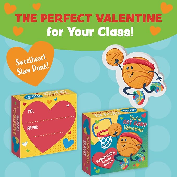 Peaceable Kingdom Valentines Box for Kids, Valentines Day Box Kit for Valentines Cards for Kids Classroom - Sports Eraser Valentines