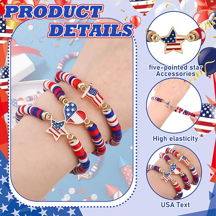 USA Bracelets Bulk 4th of July Accessories Red White and Blue Polymer Clay Beaded Stretch Bracelets for Women USA Jewelry Independence Day 4th of July Patriotic Party Favors Gifts