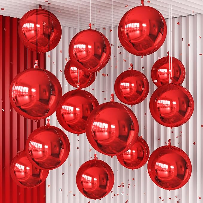 14 Pcs Red Round Foil Balloons 22/15/10 4D Ball Balloons Metallic Dark Red Balloon Ornament Mylar Balloon Chrome for Valentine's Day Birthday Graduation Wedding Anniversary Disco Party Decor