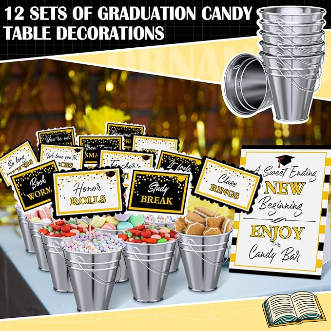 12 Set 2026 Graduation Candy Buffet Party Decoration Graduation Table Candy Bar Snack Labels Signs and 5'' Buckets with Handle for Class of 2026 Party Parties Supplies(Plaid Border Style,Silver)