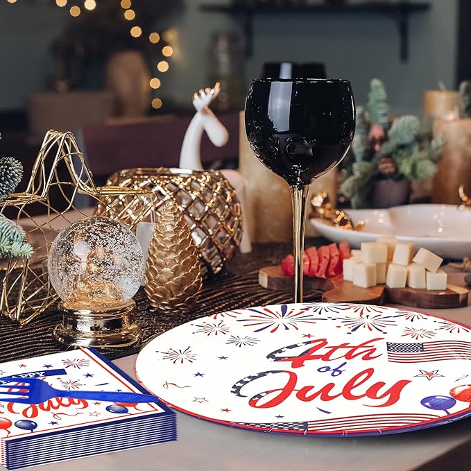 75PCS 4th of July Paper Plates and Napkins - Patriotic Themed Tableware Set Include 7in Paper Plates Napkins Forks Disposable Decoration Supplies for Independence Day Patriotic Party, Serve 25