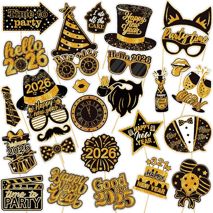 30 PCS New Year Photo Booth Props 2026, New Year’s Eve Photo Booth Props, New Year Decorations, New Year’s Eve Party Supplies Favors for Pictures