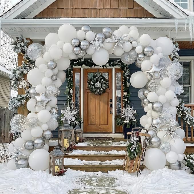 White Winter Wonderland decorations with Pearl White Silver Balloon Garland Arch & Foil Star printed balloons Artificial Snowflakes For winter 1st birthday Christmas new year party decorations