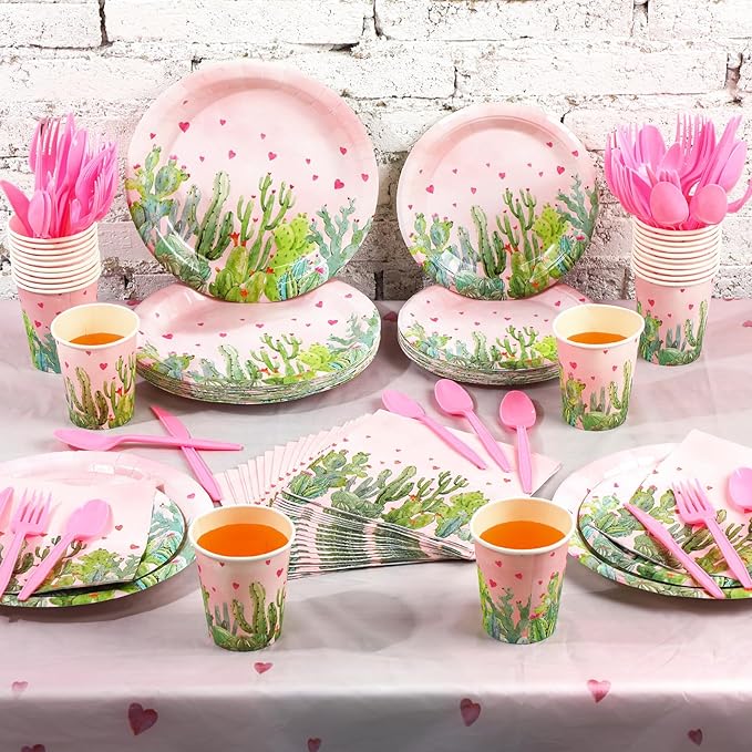 170 Pcs Cactus Party Decorations Supplies 24 Guest Cactus Party Set Disposable Tableware Paper Plate Cup Napkin Fork Knives Spoon for Fiesta Celebration Birthday Taco Decoration (Pink)