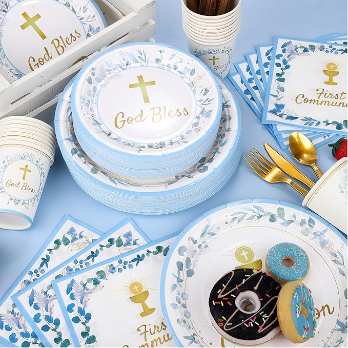 Kochorie 400 Pieces Blue First Communion Decorations, Disposable First Holy Communion Party Tableware Set with Plates Cups Napkins Cutlery Serves 50 for Baby Shower God Bless Baptism Party Supplies