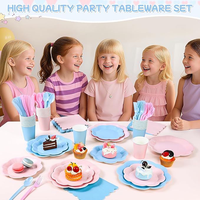 400 Pcs Gender Reveal Plates and Napkins set - Serve 50, Boy or Girl Gender Reveal Party Supplies Includes Pink and Blue Scalloped Plates Napkins Cups Plastic Spoons Forks Knives for Baby Shower