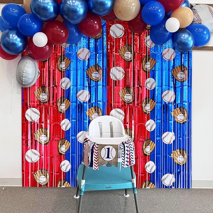 2 Pack Baseball Tinsel Foil Fringe Curtains Backdrop Party Decorations, Blue and White Red Door Streamers Banner Sports Themed Birthday Party Decor Supplies for Boys Favor