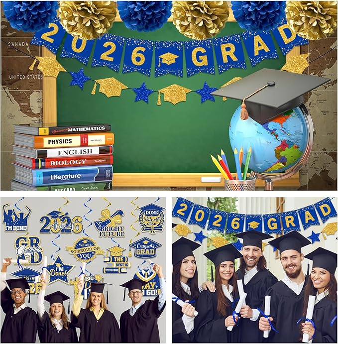 Blue and Gold Graduation Decorations 2026, 2026 Grad Banner and Congrats Grad Hanging Swirls, Blue Graduation Banner Graduations Hanging Swirls College Graduations Party Decorations Class of 2026