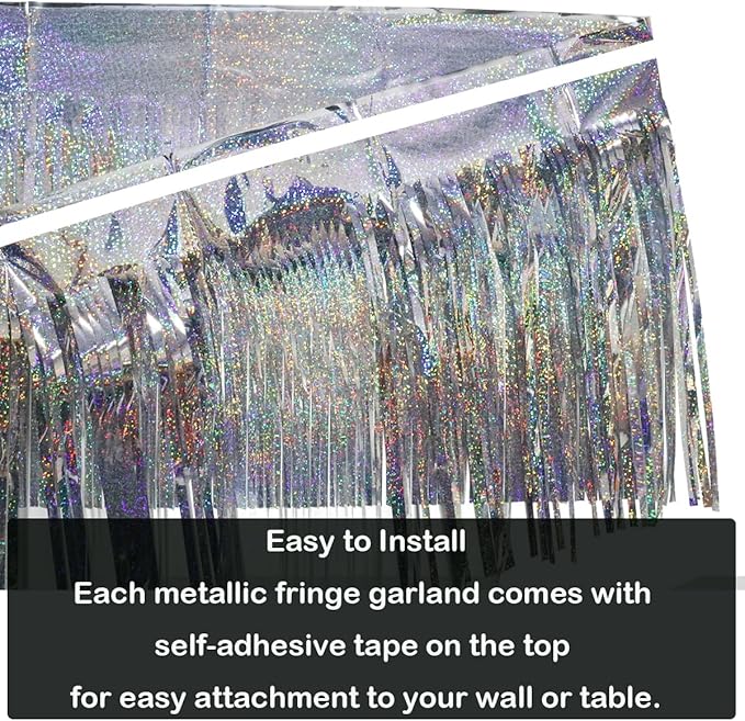 3 Pack Total 30 Feet Foil Fringe Garland Lilac Silver Metallic Wall Hanging Drapes Tassel Skirting Iridescent Silver Tinsel Streamers for Parade Float Trailer Birthday Wedding Party