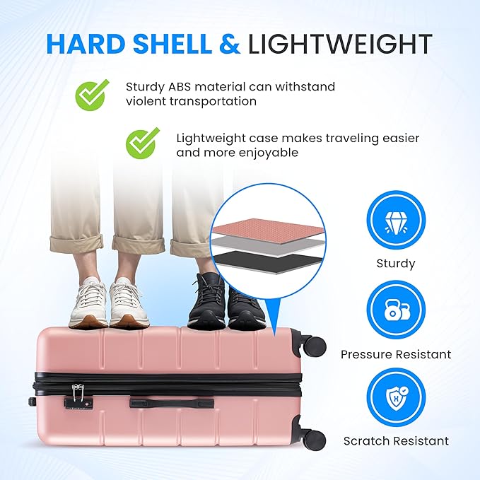 Simple Deluxe 24 Inch Expandable Hardside Carry On with Spinner Wheels & TSA Lock, ABS Hard Shell Lightweight Rolling Luggage Suitcase, Pink