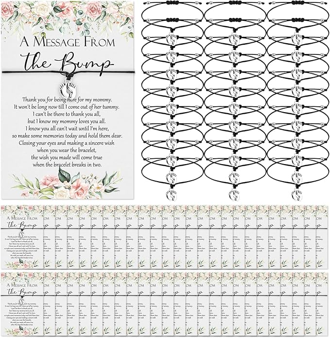 Thyle 50 Set Flower Baby Shower Favors for Guests Adjustable Bracelets with Message from the Bump Card Footprints Charm Baby Shower Bracelets for Gender Reveal Thank You Gifts