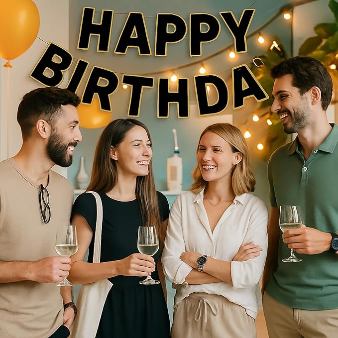 Happy Birthday Banner Black & Gold Birthday Signs Banners, Birthday&Colorful Party Decorations for Girls, Boys, Women, Adults, Pets, Photo Backdrop & Wall Decor for All Celebrations