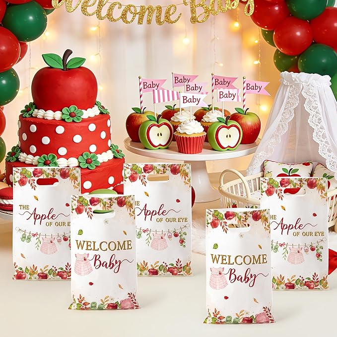Apple Baby Shower Party Favor Bags - 50Pcs Welcome Baby Goodie Candy Treat Gift Bags Apple of Our Eye Party Decoration for Babies Fruit Theme Birthday Gender Reveal Events Supplies