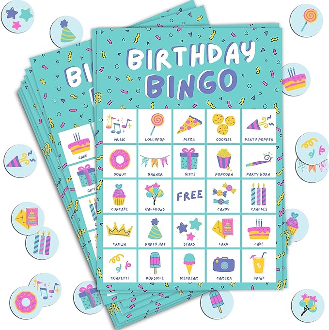 Markt Birthday Bingo Game for Kids Birthday Party Games, Kids Party Games Supplies - 23 Players - Blue