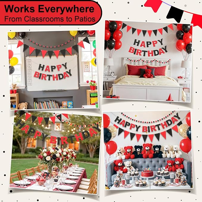 Pre-Strung Happy Birthday Banner & Felt Garland Set - Red & Black Birthday Decorations for Women Men Boys Girls | Reusable Party Supplies for Indoor & Outdoor