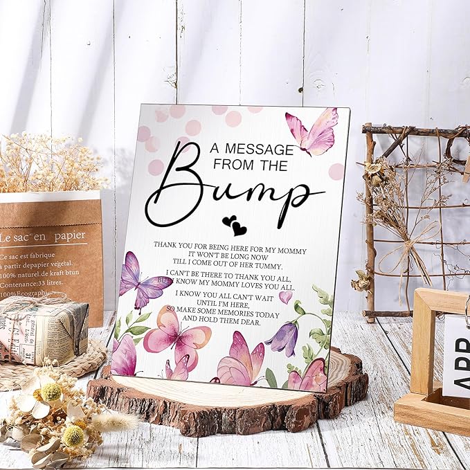 Roowest Cool Baby Shower Tabletop Decoration a Message from the Bump Wooden Baby Shower Games Sign Greenery Cute Gender Reveal Party Thank You Sign, 11.2 x 8.66 Inches(Butterfly)