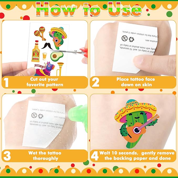 12 Sheets Fiesta Temporary Tattoos, Cinco De Mayo Stickers with Taco Pinata Cactus for Adults, Mexican Fake Tattoos for Cinco De Mayo Party Favors Supplies Accessories