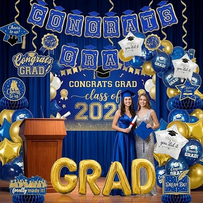 Royal blue Gold Balloons GRAD Print Balloons with Banner Table Honeycomb Centerpieces Hanging Swirl backdrop Stars Graduation Cap GRAD Letters Mylar Balloons for 2026 graduate Prom Decorations