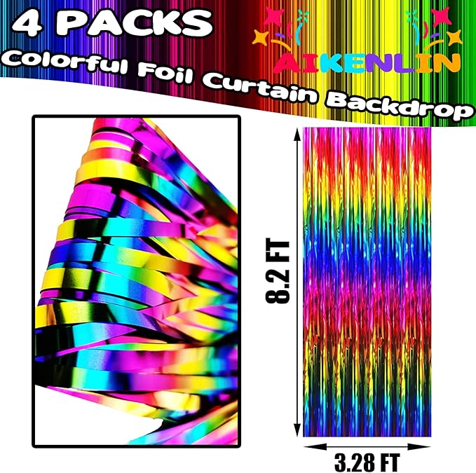 4 Pack 3.2Ft x 8.2Ft Rainbow Foil Fringe Curtain Backdrop, Metallic Tinsel Foil Fringe Streamers Curtains Background for Photo Booth, Birthday, Wedding, Disco, Bachelorette, Christmas Party Decoration