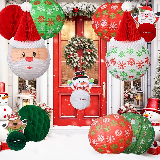 24 Pcs Christmas Hanging Paper Lanterns Party Decorations Red and Green Christmas Lanterns Garland Set Honeycomb Santa Hat 3D Snowman Reindeer Holiday Xmas Ornaments Home Winter Party Decor